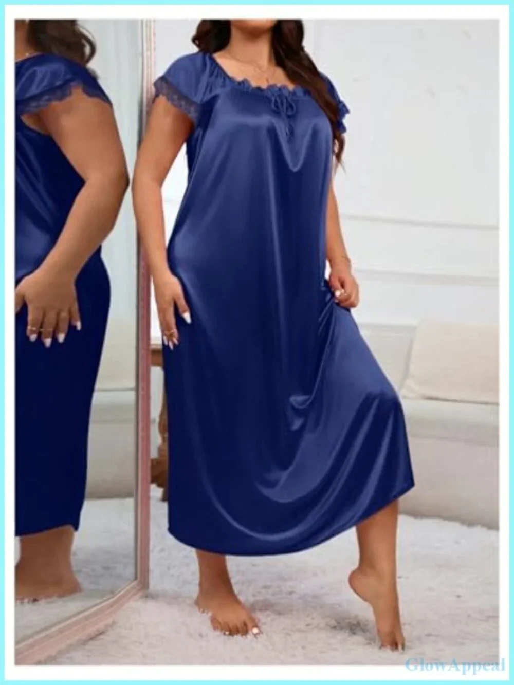 Plus Size Satin Nightgown Lace Trim Short Sleeve Sleepwear